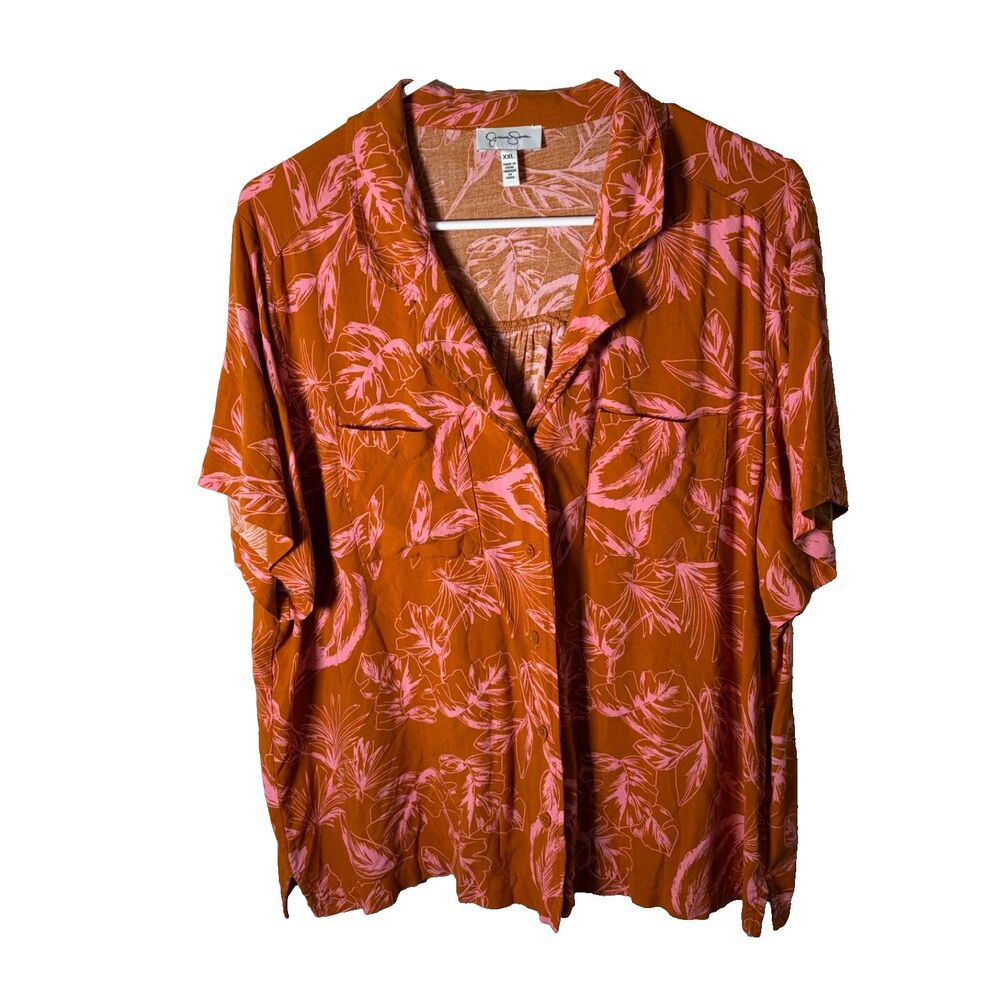 Jessica Simpson Shirt Women's XXL Button Up Orange Floral Short Sleeve Top
